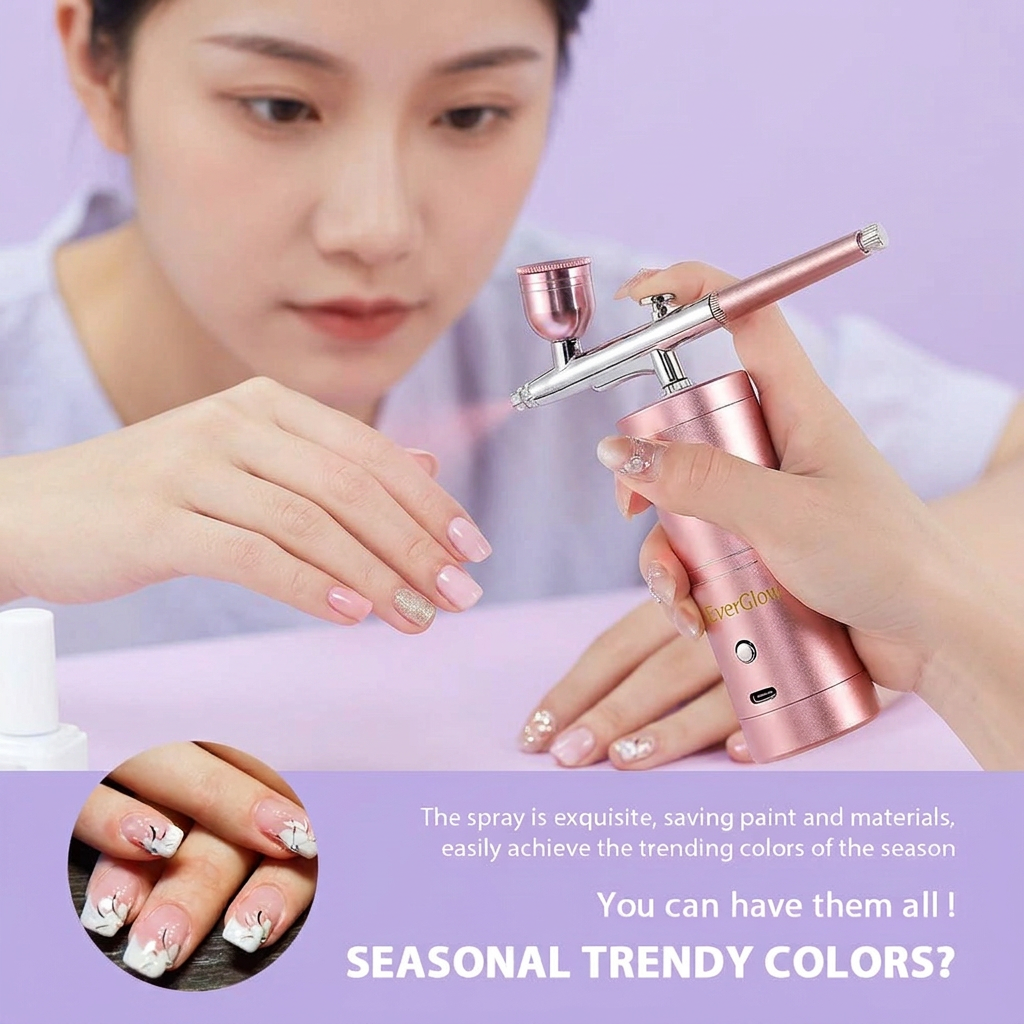 EverGlow- Top 0.3mm Pink Mini Air Compressor Kit Air-Brush Paint Spray Gun Airbrush For Nail Art Tattoo Craft Cake Nano Fog Mist Sprayer