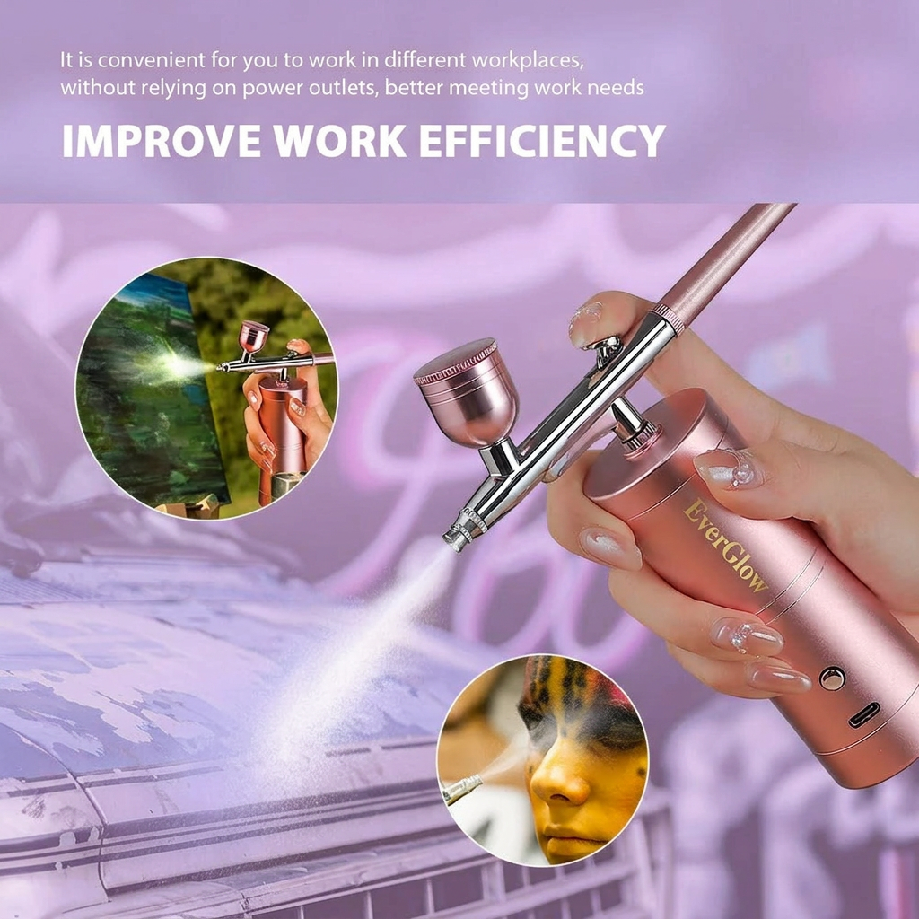 EverGlow- Top 0.3mm Pink Mini Air Compressor Kit Air-Brush Paint Spray Gun Airbrush For Nail Art Tattoo Craft Cake Nano Fog Mist Sprayer