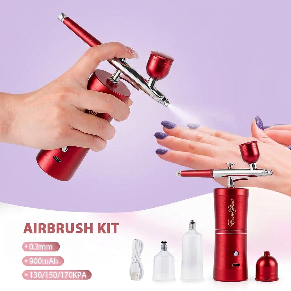 EverGlow- Top 0.3mm Pink Mini Air Compressor Kit Air-Brush Paint Spray Gun Airbrush For Nail Art Tattoo Craft Cake Nano Fog Mist Sprayer