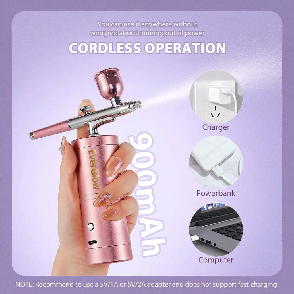 EverGlow- Top 0.3mm Pink Mini Air Compressor Kit Air-Brush Paint Spray Gun Airbrush For Nail Art Tattoo Craft Cake Nano Fog Mist Sprayer