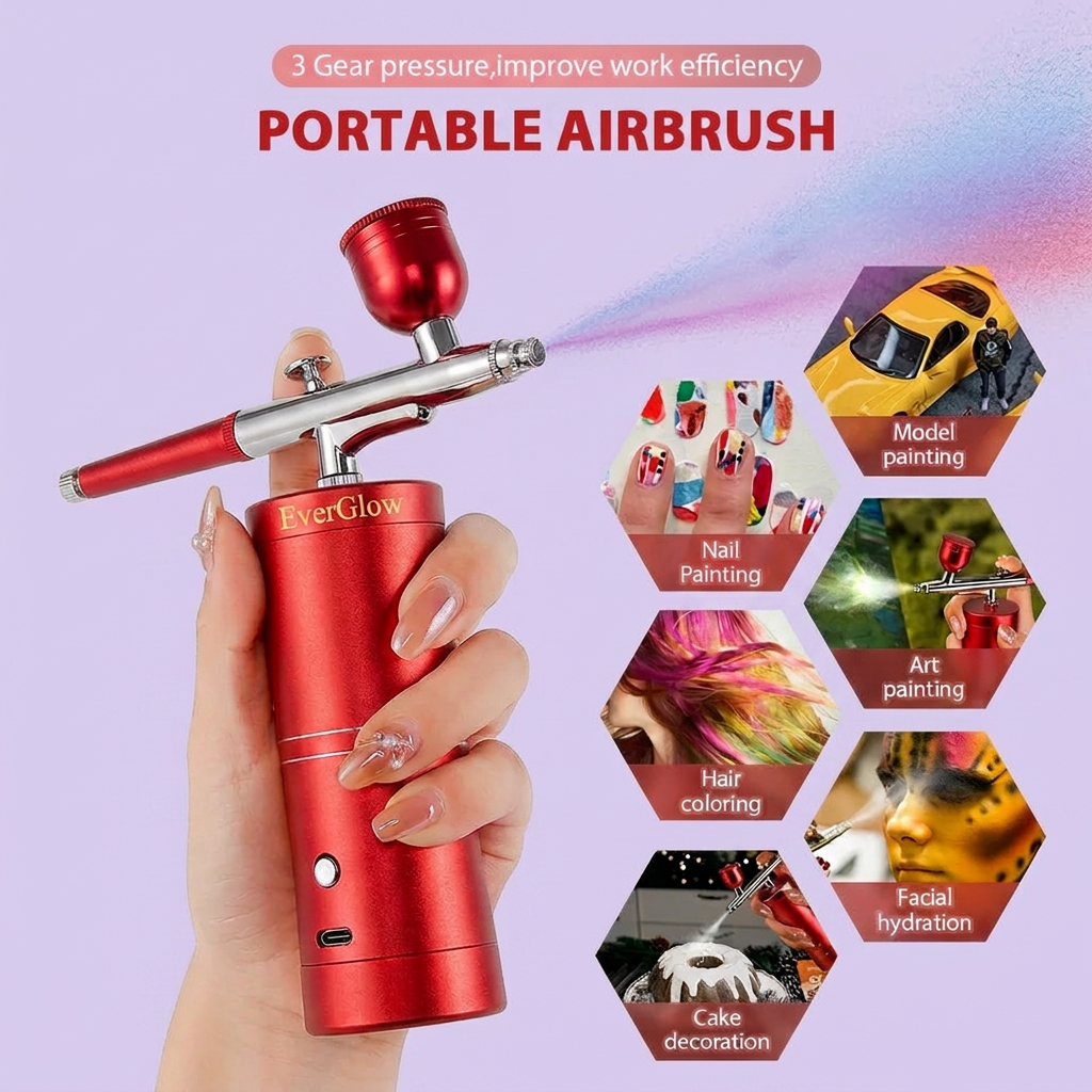 EverGlow- Top 0.3mm Pink Mini Air Compressor Kit Air-Brush Paint Spray Gun Airbrush For Nail Art Tattoo Craft Cake Nano Fog Mist Sprayer