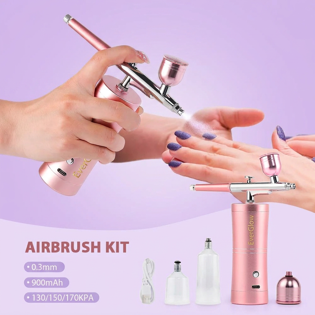 EverGlow- Top 0.3mm Pink Mini Air Compressor Kit Air-Brush Paint Spray Gun Airbrush For Nail Art Tattoo Craft Cake Nano Fog Mist Sprayer